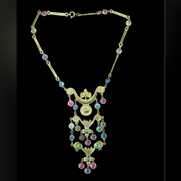 Vintage Goldette Multicolor Gold tone art glass  Statement Necklace - Picture 4 of 5